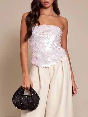 White Sequin Strapless Scarf Hem Top